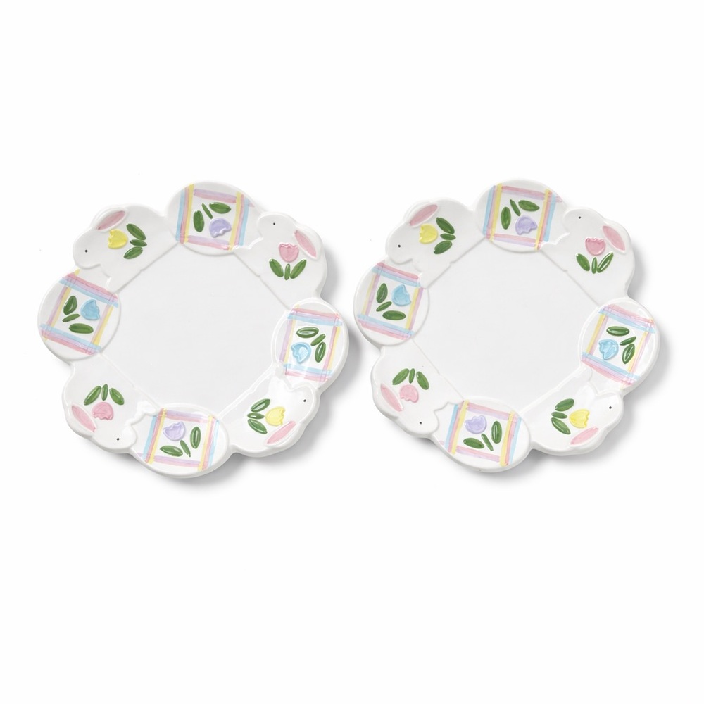 Lillian Vernon Pastel Tulip Scalloped Ceramic Plates 2pc Set Spring Floral Decor